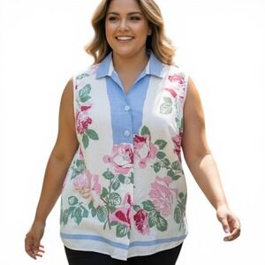 2X Vintage Handmade Sleeveless Floral Button Down Top Pink Roses Blue Trim